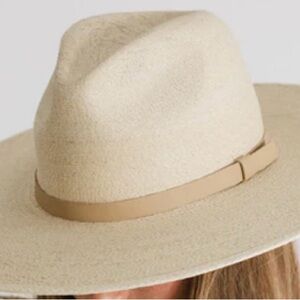 Classic fedora w/modern flat wide brim, hand woven with palm straw, leather band